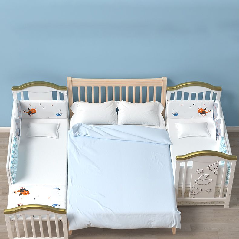 Modern Pine Wood Baby Crib with Casters and Mattress, White Upholstered Arched Crib