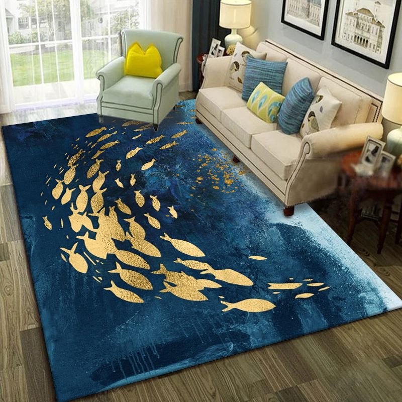 Green Living Room Indoor Rug Modern Fish Carpet Polyester Non-Split Area Carpet