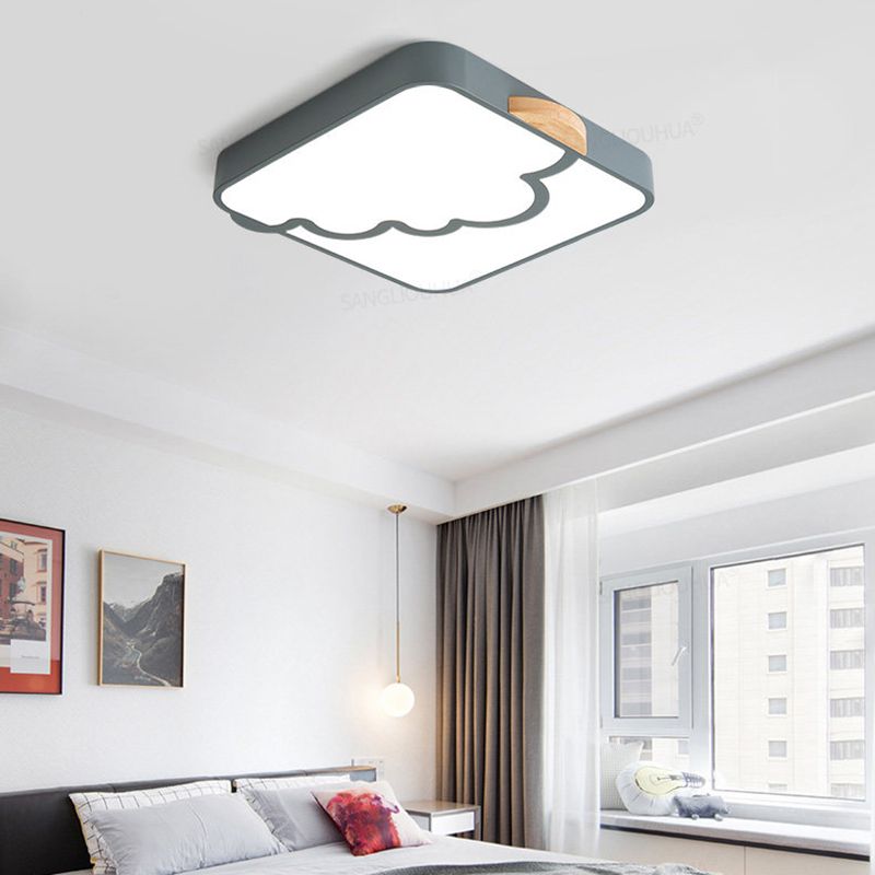 Plafonnier carré moderniste en acrylique gris/blanc/vert LED pour chambre à coucher avec motif nuage