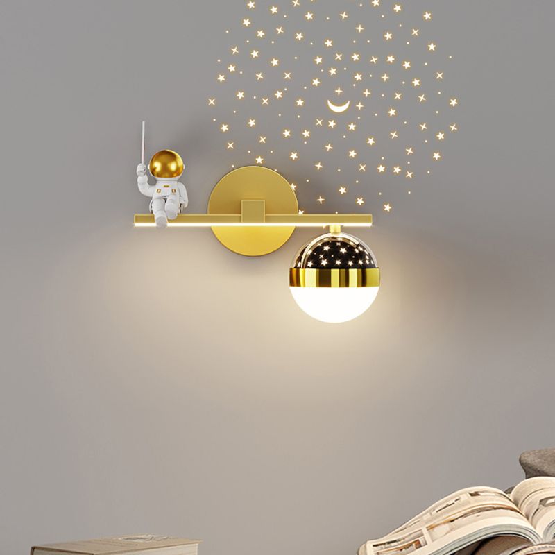 Kids Astronaut Wall Lamp Metal Sconce Lighting in Black and Gold for Bedroom