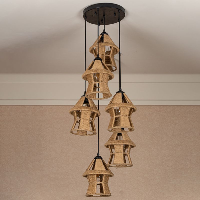 Hand-Wrapped Rope Cluster Cabin Pendant Country 3/6 Bulbs Living Room Round/Linear Ceiling Suspension Lamp in Brown
