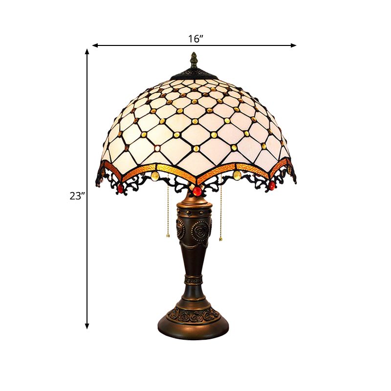 White Glass Fishscale Table Light Baroque Style 2 Lights Bronze Night Lamp with Pull Chain for Sitting Room