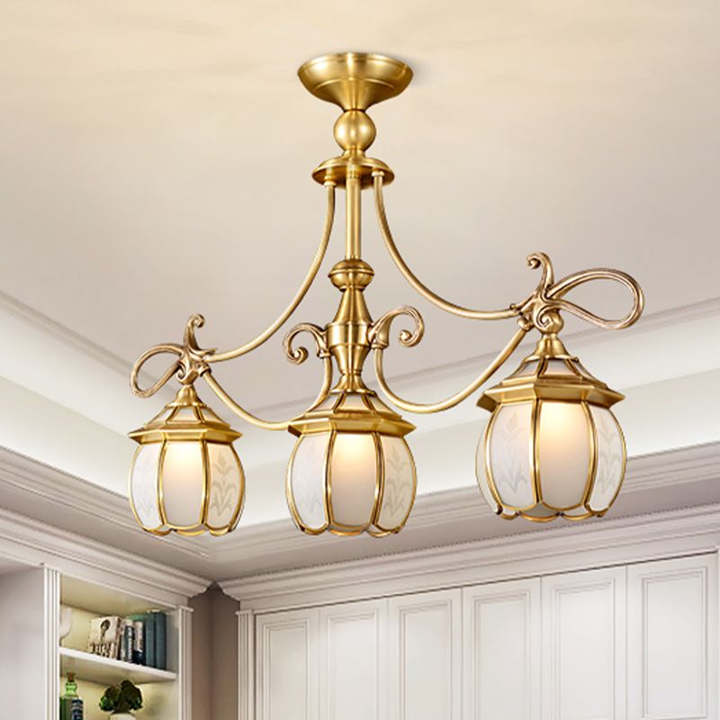 Colonialist Lantern Island Light Fixture 3-Light Ivory Glass Suspension Pendant in Gold for Dining Room