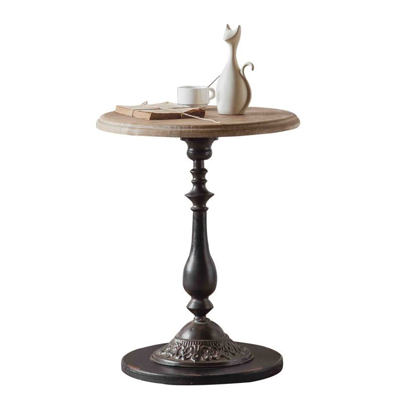 French Country Solid Wood Round Metal Pedestal Single Coffee Table