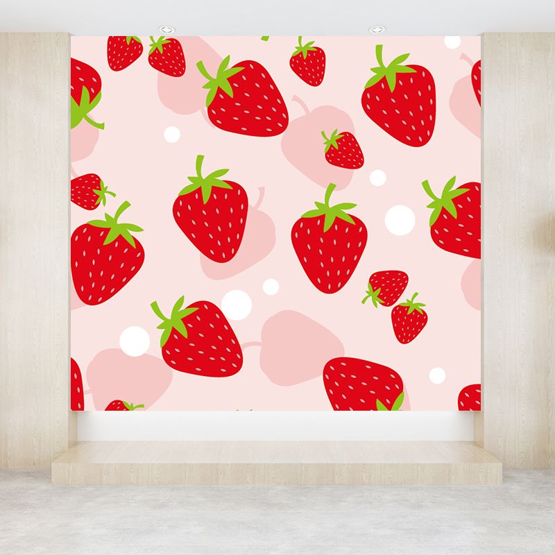 Full Size Illustration Modern Mural Wallpaper with Attractive Strawberries in Red