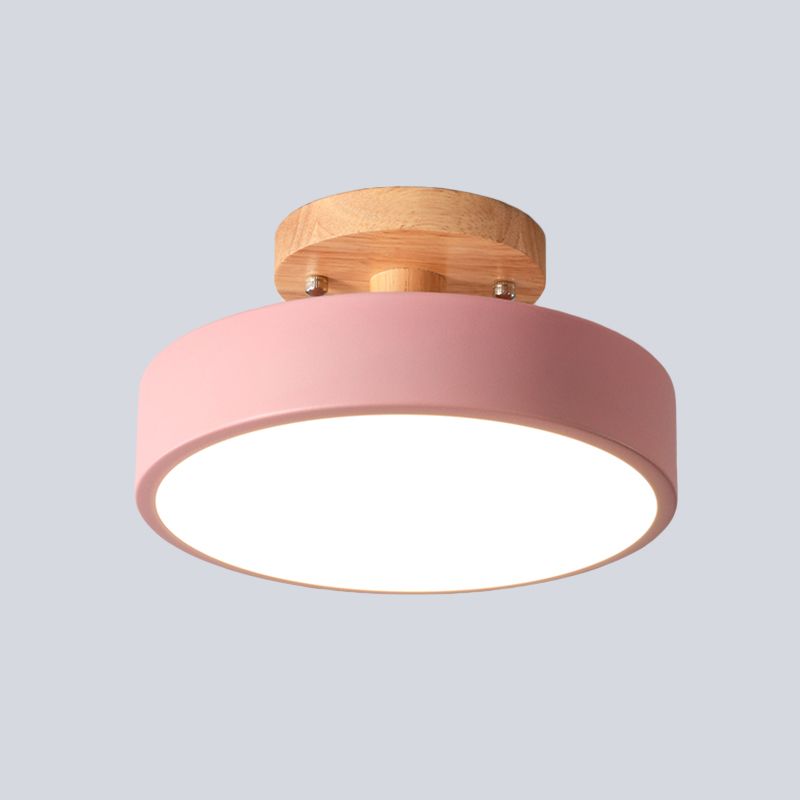 Iron Drum Flushmount Nordic White/Green/Grey Finish LED Semi Close to Ceiling Light with Wood Canopy for Corridor