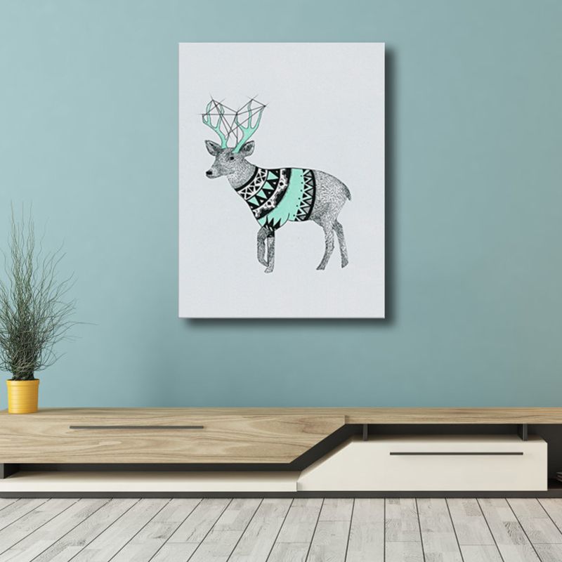 Illustrated Children's Art Canvas Print with Reindeer in Green for House Corridor
