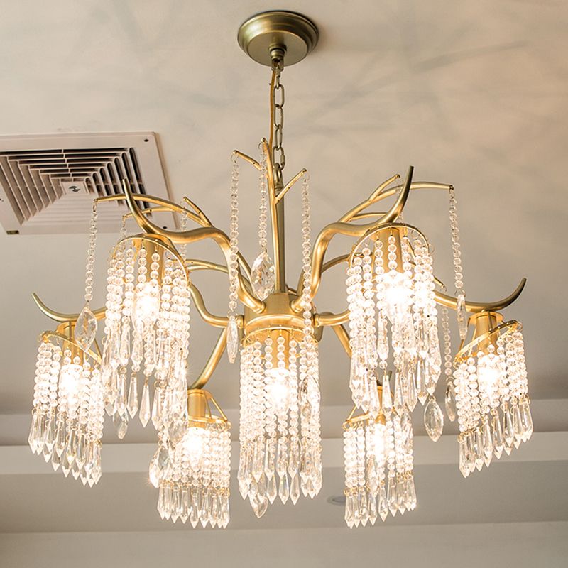 French Style Gold Chandelier Light with Clear Crystal Drops Metal Multi Light Pendant Light for Living Room