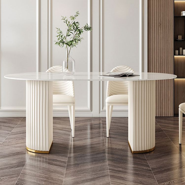 Oval Sintered Stone Top Esstisch Moderner Tisch in Weiß mit doppelter Sockel
