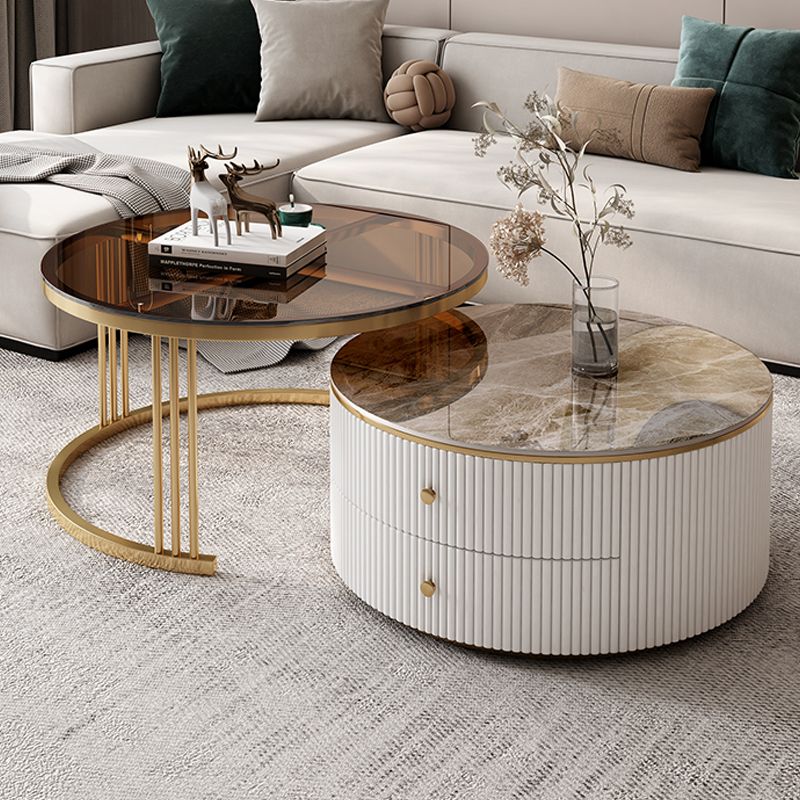 Round Frame Coffee Table Slate Nesting Coffee Table Set with Storage