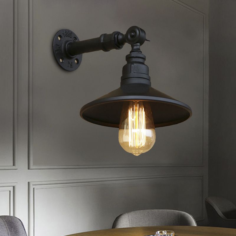 Lampe murale à cône argenté noir / vieilli avec tuyau de style industriel en métal 1 éclairage à la salle à manger légère Éclairage