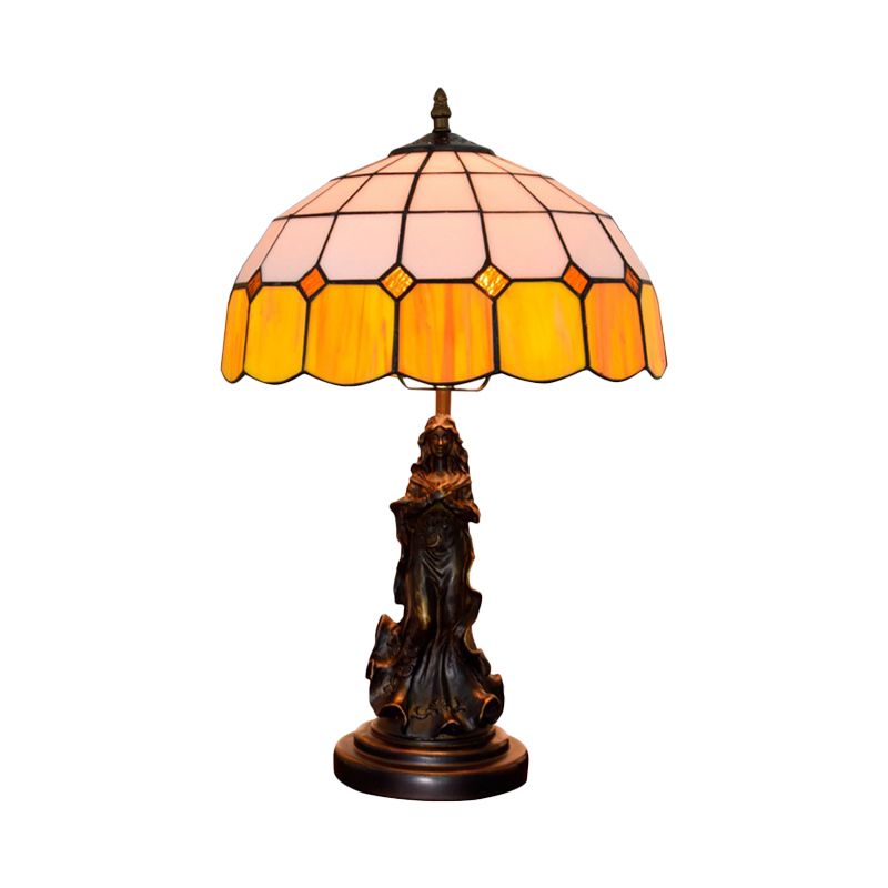 Résine bronze night stand léger ange fille 1 tête lampe de table vintage avec nuance en verre de grille orange et blanche