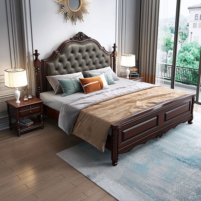 Rubberwood Traditional Panel Bed 62.59" High Brown Bed with Upholstered Headboard
