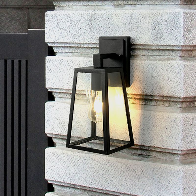 1 Light Wall Lamp Fixture Rustic Style Trapezoid Clear Glass Wall Mount Lighting in Black