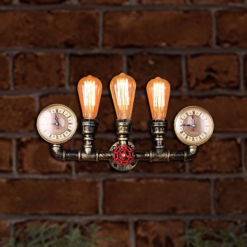 Antique Brass Pipe Wall Sconce Rustic Stylish 3 Heads Wrought Iron Wall Light Fixture with Gauge and Valve Deco