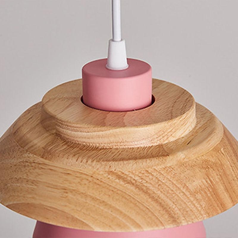 Saucer Cup Dining Room Hanging Lamp Metal and Wood 1 Bulb Nordic Pendant Light Fixture