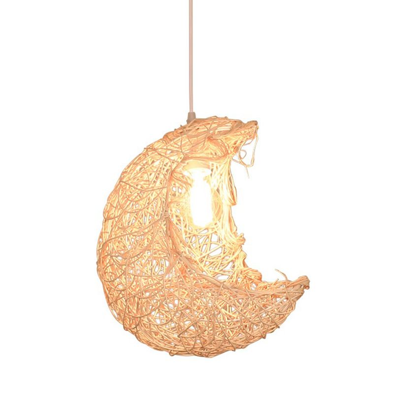 Crescent Shaped Rattan Pendant Light Modern 1 Head Wood Hanging Light for Restaurant