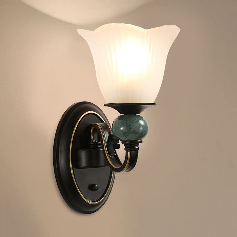 Black Flared Wall Mounted Lamp Traditional Opal Ribbed Glass 1/2-Bulb Bedroom Sconce with Swirl Arm