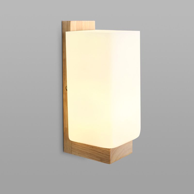 1 Head Stairway Wall Lamp Japanese Wood Sconce Light Fixture with Rectangular Milk Glass Shade