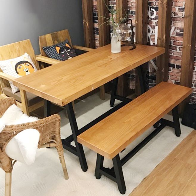 Rectangle Wood Color Dining Table Solid Wood Table Industrial with Trestle Base