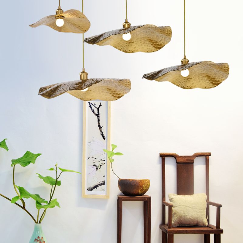 Golden Bronze 1 Light Lotus Leaf  Shaped Ceiling Pendant Mid-Century Metal Hanging Lamp for Restaurant