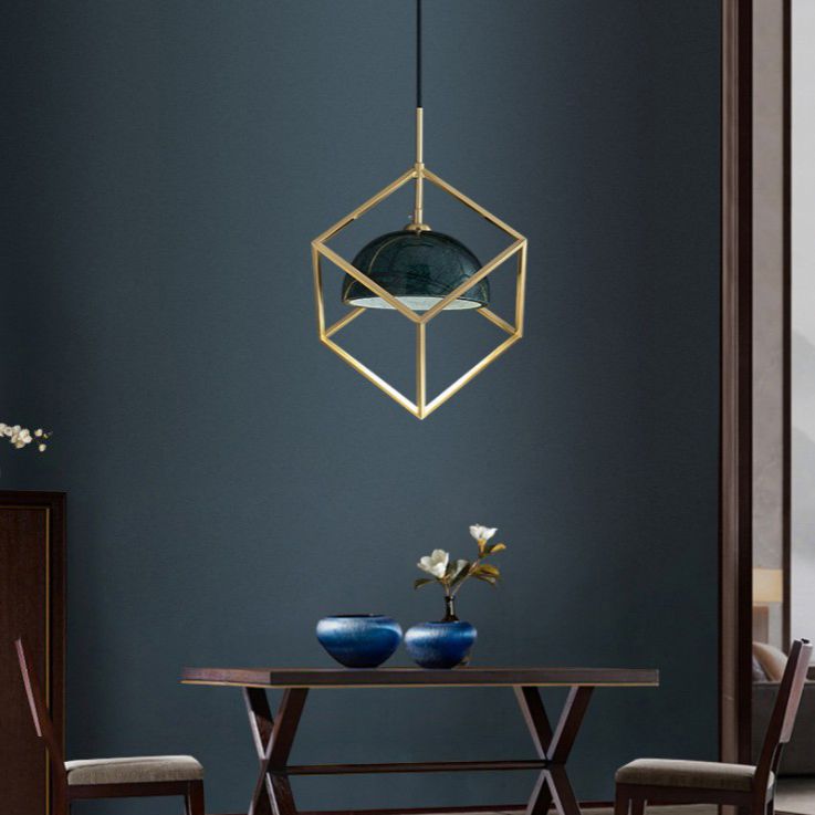Blackish Green Shade Pendant Light Retro Nordic 1-Light Marble Hanging Light with Gold Cage