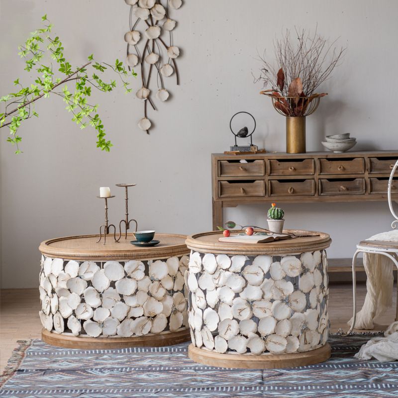 Rustic Solid Wood Round Top Distressed Drum End Table with Metal Base