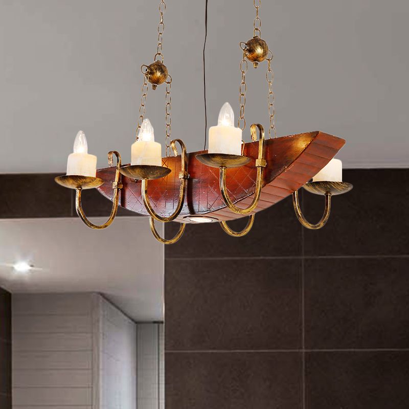 Antique Brass Candle Chandelier Lamp Rustic Metal 6-Light Living Room Hanging Light with Wooden Shelf