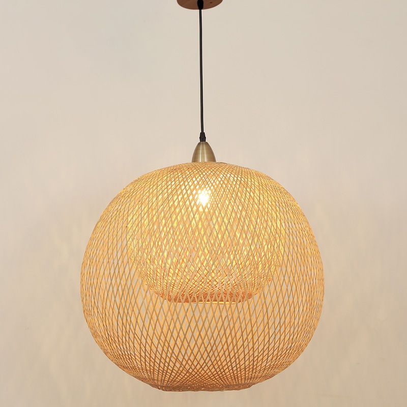 Sphere Bamboo Suspension Lighting Minimalist 1 Head Wood Pendant Ceiling Light for Tea Room