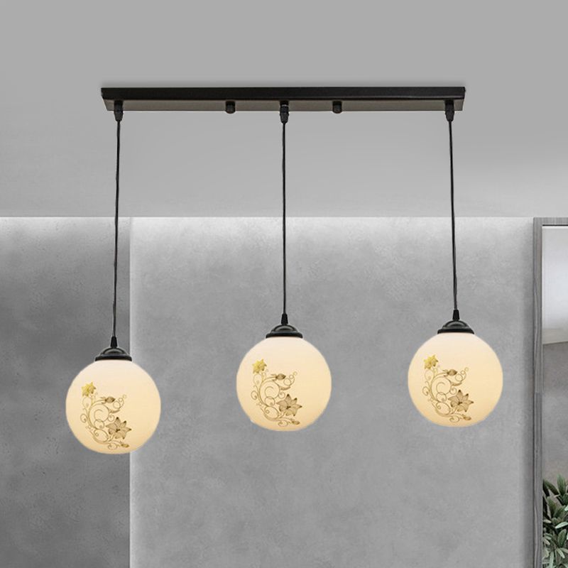 Black Sphere Multi Ceiling Lamp Modernism White Printing Glass 3-Light Dining Room Pendant with Round/Linear Canopy