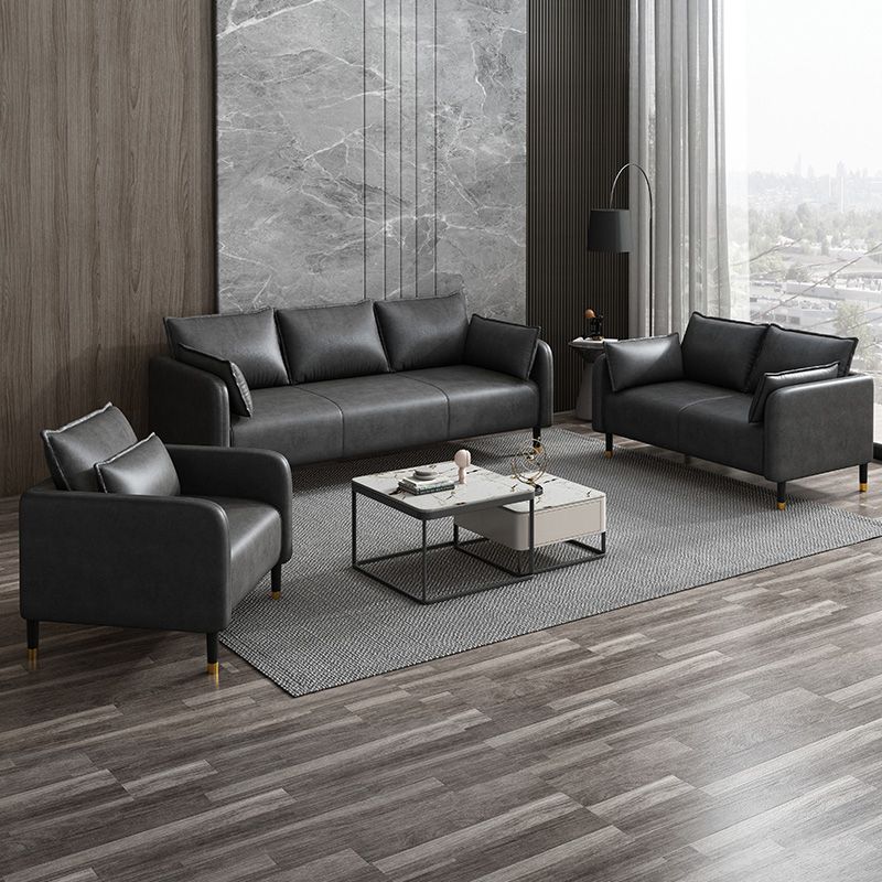 Modern 2-seat Sofa Faux Leather Tuxedo Arm Sofa with 2 Pillows
