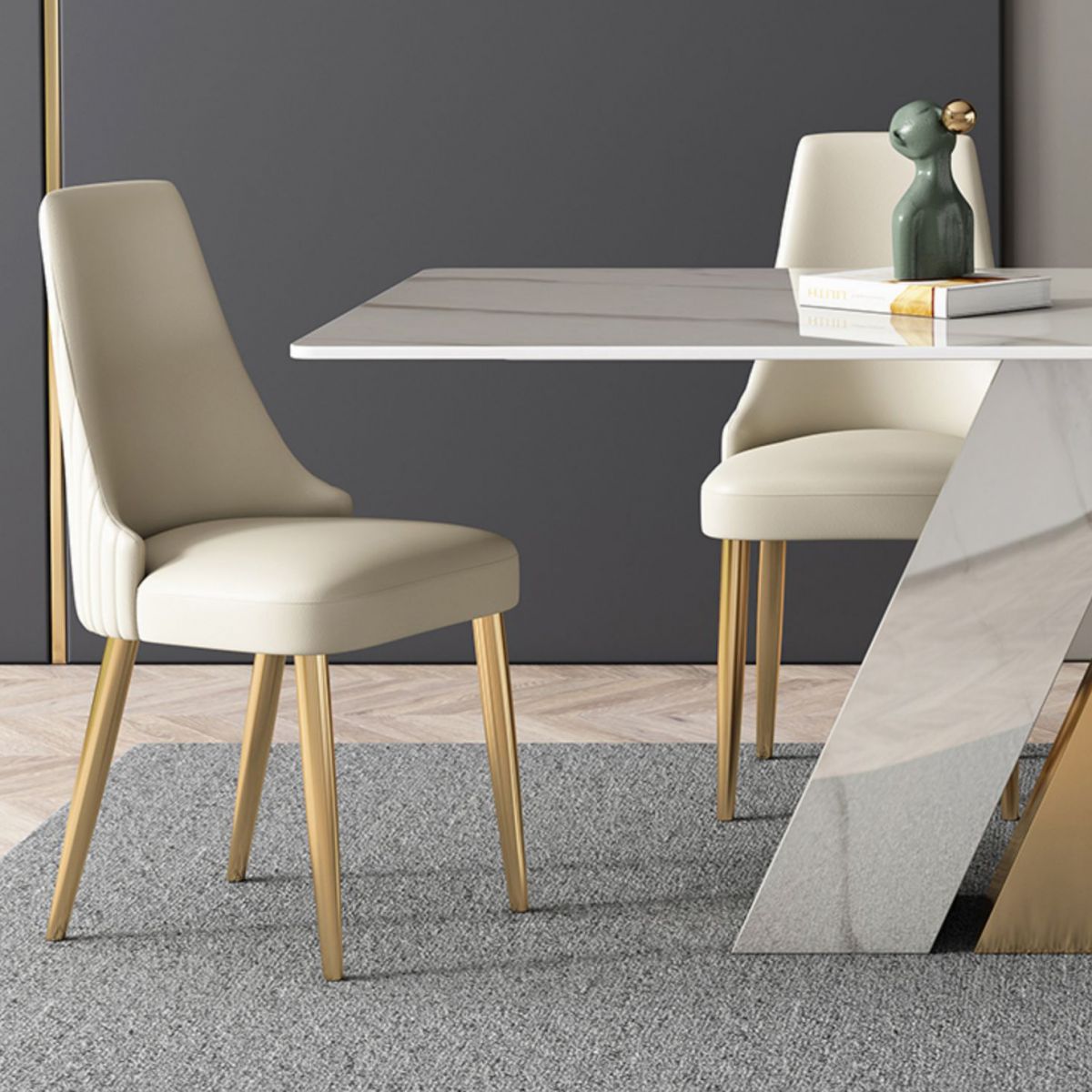 Modern Sintered Stone Table Set of 5 with Rectangle Table Dining Set with White PU Leather Chairs