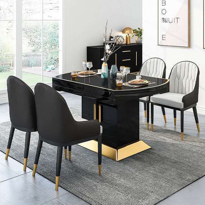 Glass Top Dining Table Modern Extendable Furniture with Pedestal Steel Base