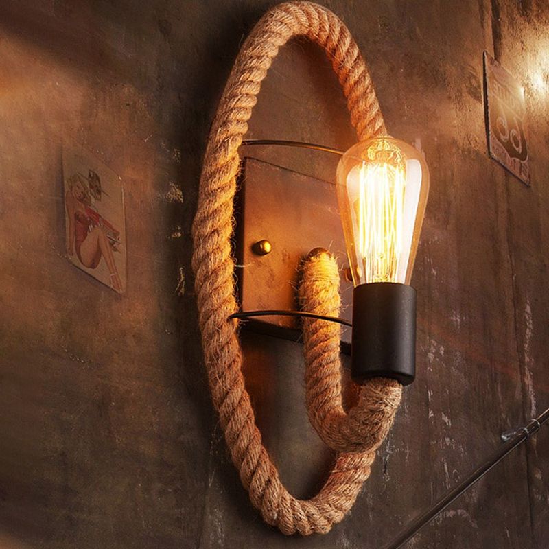 1-Head Rope Wall Sconce Loft Style Black Finish Round/Oval Corridor Metallic Wall Mount Lighting with Exposed Bulb