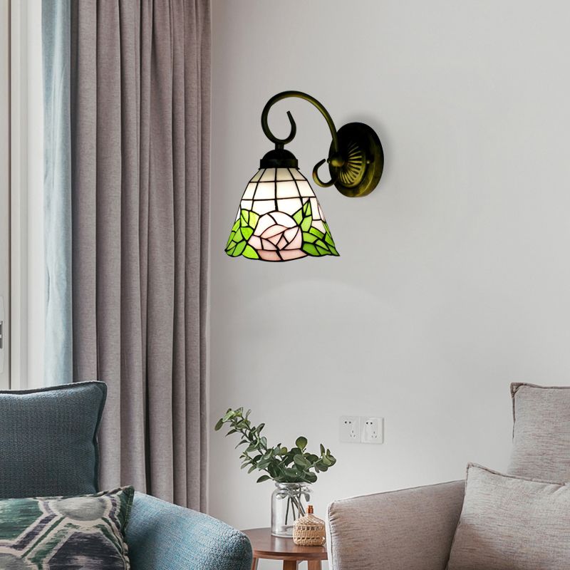 Green Bell Wall Light Fixture Tiffany 1 Head Stained Glass Sconce Light with Rose Pattern