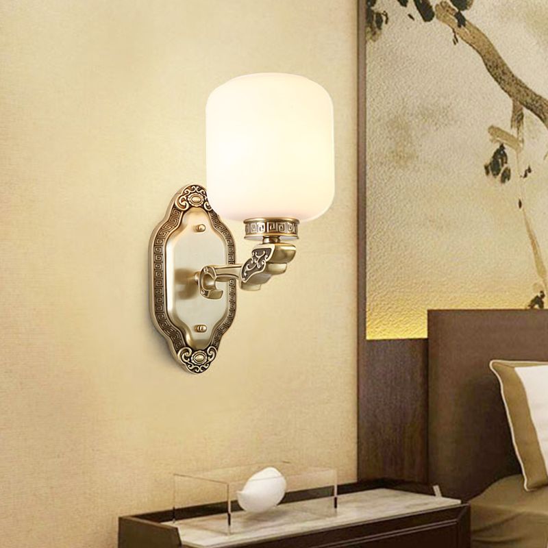 White Glass Brass Wall Sconce Cylinder 1-Light Farmhouse Wall Mounted Lamp for Drawing Room
