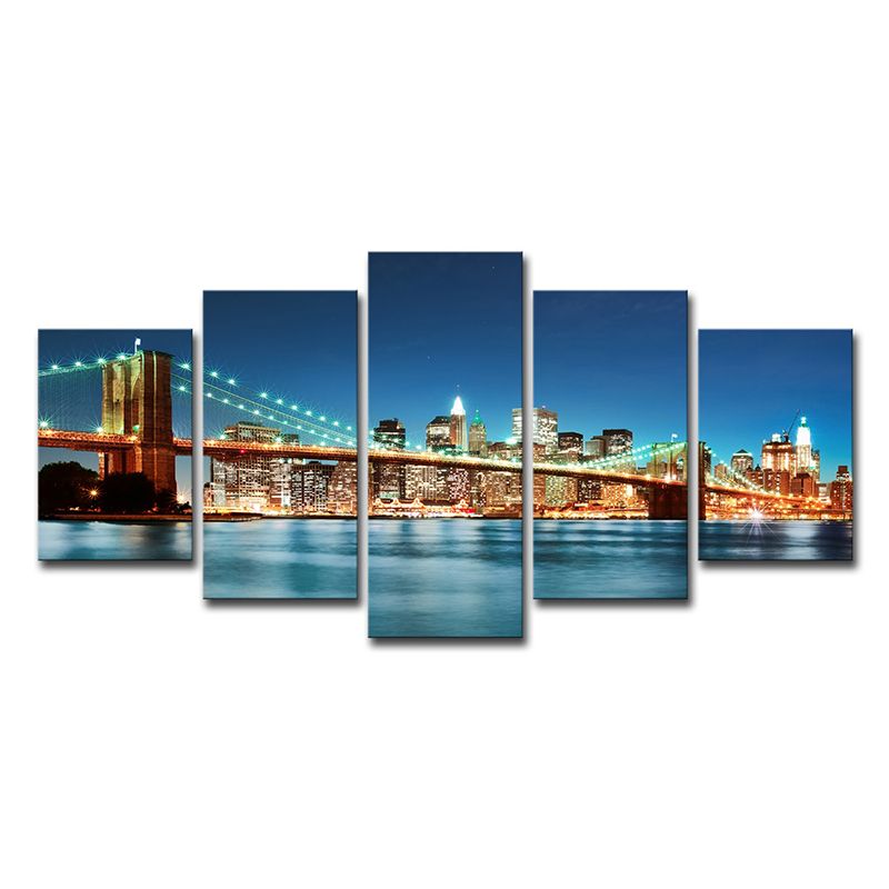 Modern Night Cityscape Wall Art Blue Brooklyn Bridge Canvas Print for Home, Multi-Piece