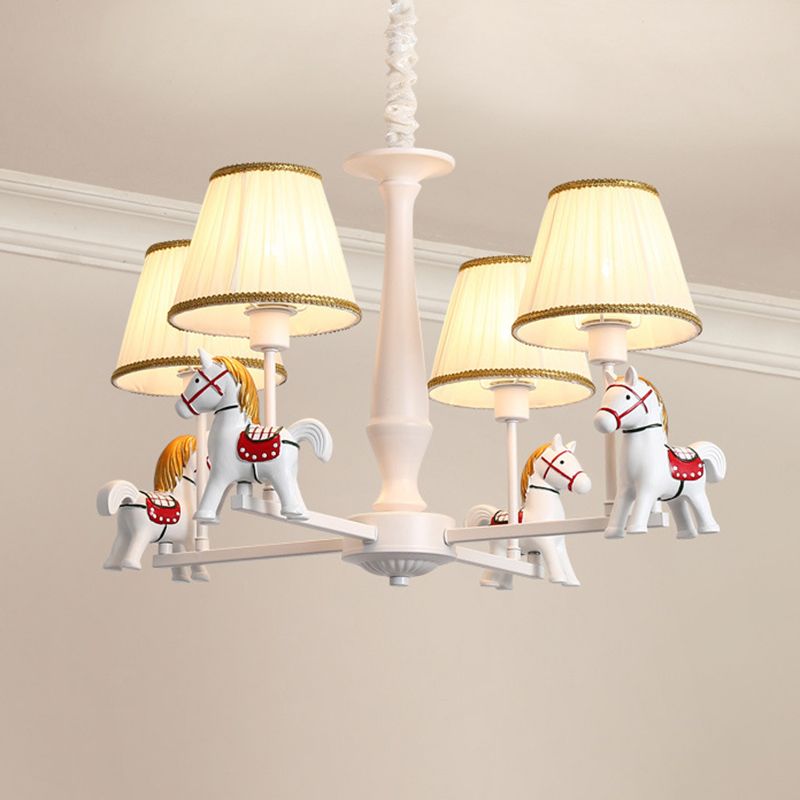 Carousel Child Room Pendant Light Resin Cartoon Chandelier with Tapered Fabric Shade in White