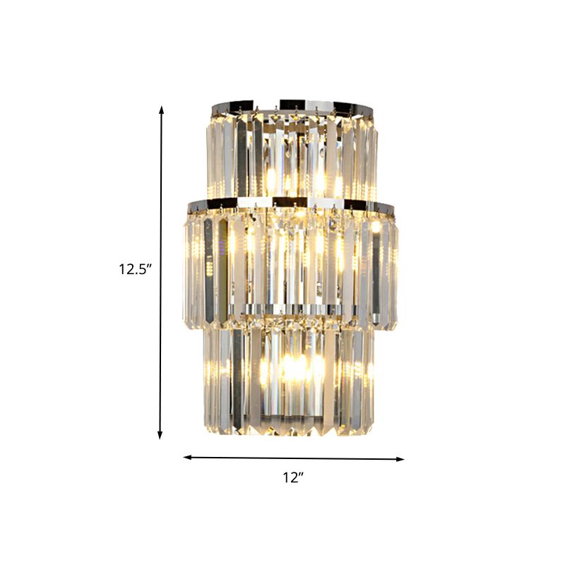 Crystal Block Cylinder Wall Mounted Light Contemporary 3 Lights Silver Sconce Light