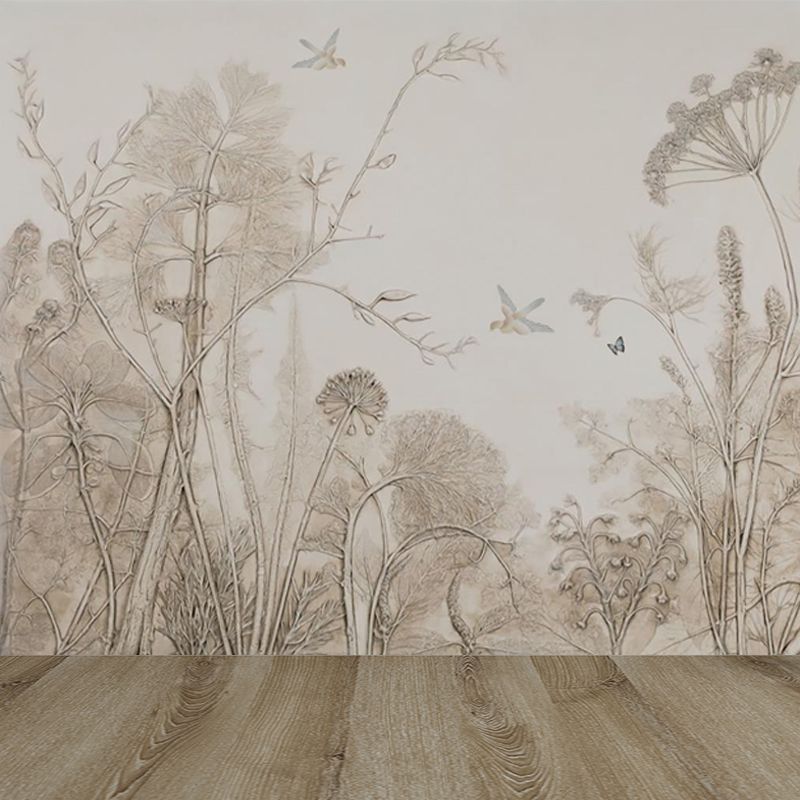 Pencil Sketch Botanical Mural Wallpaper Modern Smooth Wall Covering in Grey for Room