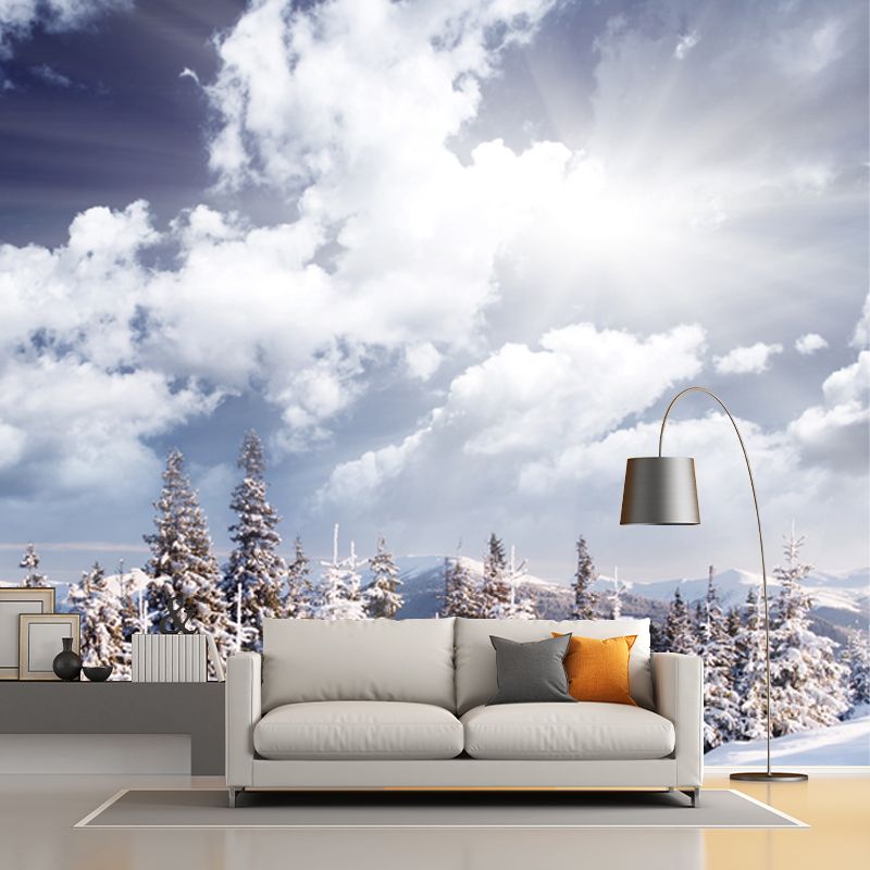White Nordic Wallpaper Mural Huge Snowy Road with Cypress Wall Decor for Living Room