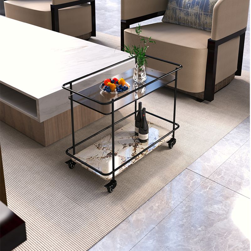 Modern Glass Top End Table with Casters Rectangular 25.6" W Shelf Included Side Table