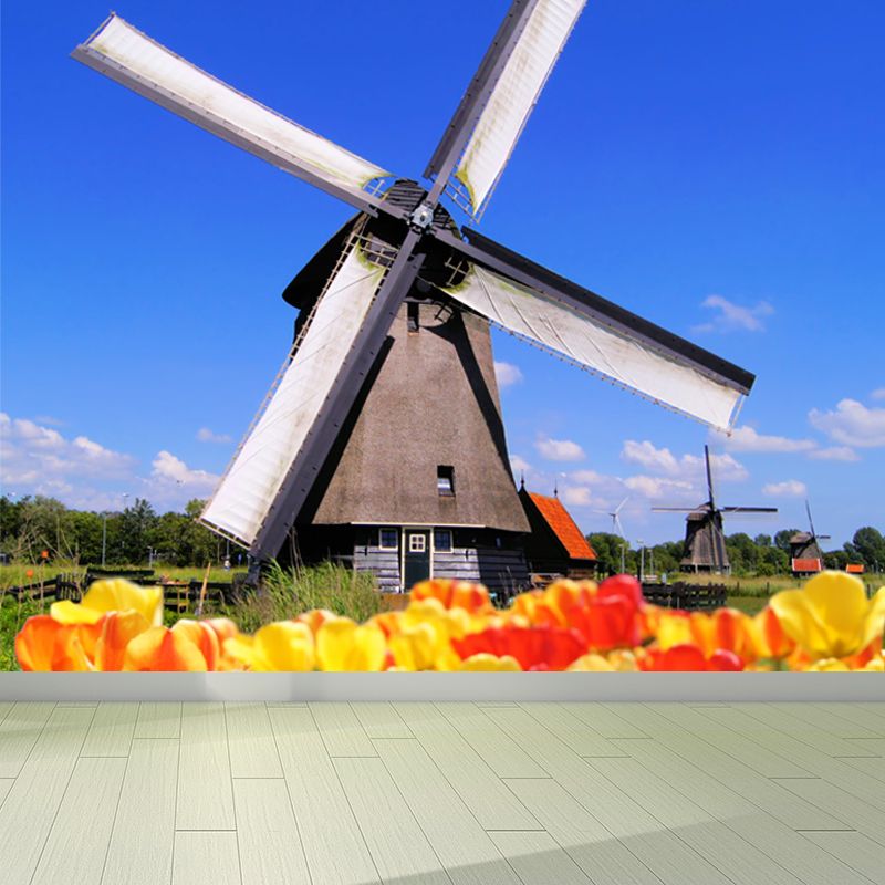 Large Static Windmill Mural Wallpaper Modern Landscape Wall Decor in Light Color