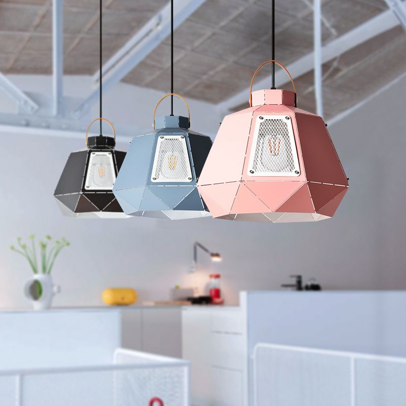 Macaron laser-gesneden pot hanglichtkit Iron 1 kop roze/geel/blauwe suspensieverlichting met gaasscherm