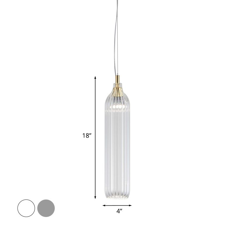 Cylinder Hanging Lighting Vintage Clear/Light Grey Ribbed Glass 1 Light Dining Room LED Pendant Lamp
