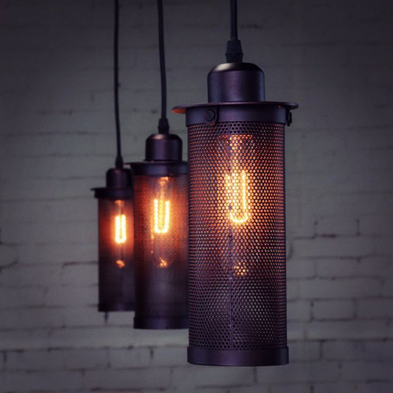 Metal Black Techo Hanging Lantern Cilíndrica Mesh 1 Cabeza Iluminación colgante industrial para café