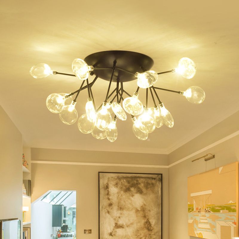 Clear Glass Branchlet LED Ceiling Flush Modern 21 Bulbs Black Semi Flush Mount Chandelier in Warm/White Light