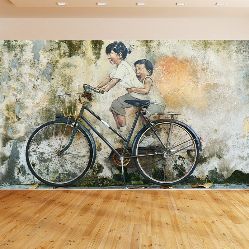 Soft Color Vintage Bicycle Wall Mural Decorative Wall Mural Stain Resistant for Living Room