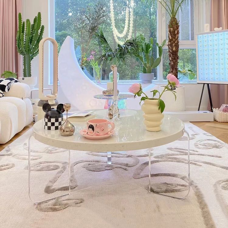 Contemporary Round Terrazzo Coffee Table in White Acrylic Legs 1 Single Cocktail Table