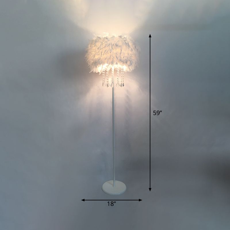 Feather Drum Standing Floor Light Modern 16"/18" W 1 Head White Floor Lamp with/without Draping Crystal